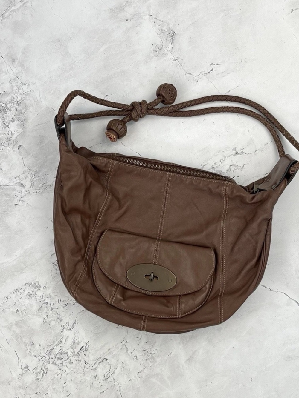 Mulberry Brown Leather Hobo Shoulder Bag with Braided Strap